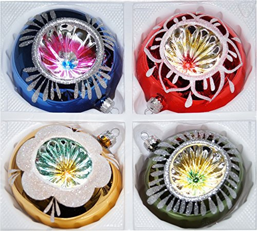 Lot de 4 boules de Noël en verre - Diamètre : 12 cm - Style vintage brillant - Décoration de Noël - Diamètre : 12 cm