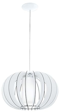 EGLO Stellato 2 hänglampor, 1-glödlampa vintage pendellampa gjord av stål, trä och glas i vitt, matbord, vardagsrum hängande med E27-uttag, diameter 40 cm