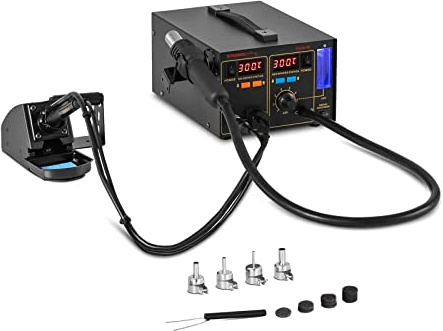 Stamos Station de Soudage Aspiration de fumée Lötstation S-LS-16 Basic (fer à souder 75W, 2 écrans LED, brasage 100-480 °C, sécurité DES, poignée de transport, buse à air chaud 550W)