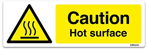 stika.co Set of 2 Caution Hot Surface stickers - Kitchen Fryer Cooking Safety Sign - 200x66mm Temperature Resistant White Vinyl Sticker for Workplace Safety