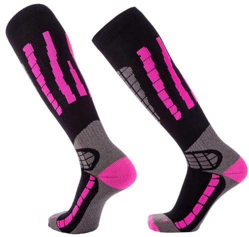 Pure Athlete Ski Socks Warm Merino Wool - Best Lightweight Thin Ski Snowboard Sock Women Men (1 Pair - Black/Neon Pink, Small-Medium)