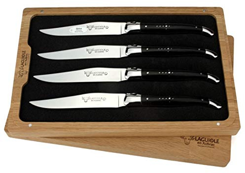 Laguiole en Aubrac - 4er Set Steakmesser Frankreich - Griff Ebenholz - Backen und Klinge glänzend - edle französische Tafelmesser