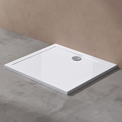 doporro Plato de Ducha Rectangular Antideslizante 75x80x4 cm – Acrílico Blanco con Válvula de Desagüe AL01, Conexiones DIN, Instalación a Ras de Suelo – Lucia02