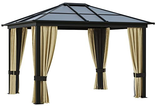 Outsunny 3 x 3.6(m) Hardtop Gazebo Canopy with Polycarbonate Roof and Aluminium Frame, Garden Pavilion with Mosquito Netting and Curtains, Brown