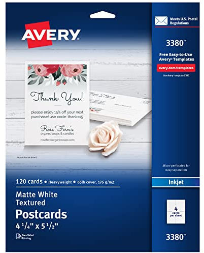 Avery Printable Postcards, 4.25 x 5.5, Matte White, Laser & Inkjet Compatible, 120 Blank Cards Total, Great for Product Branding, Marketing, and More (3380)