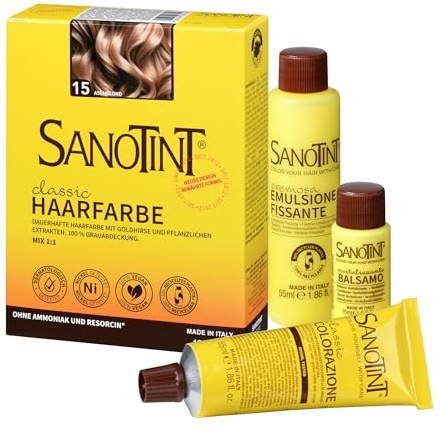 Sanotint - Haarfarbe Classic Nr. 15 Aschblond - Naturnahe dauerhafte Haarfarbe mit Goldhirse und wertvollen pflanzlichen Extrakten – 100% Grauabdeckung – vegan - 125 ml