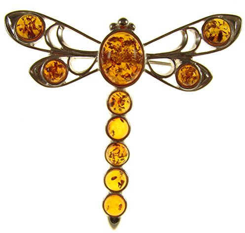 BALTIC AMBER AND STERLING SILVER 925 DESIGNER COGNAC DRAGONFLY BROOCH PIN JEWELLERY JEWELRY
