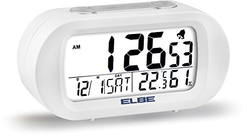 Elbe RD-009-B Reloj despertador con termómetro, adecuado para viajar, display LCD 3,1'', función snooze, display iluminado, temperatura y humedad, color blanco
