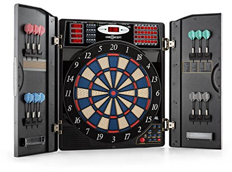 Oneconcept Masterdarter - Freccette Bersaglio Elettronico, Tiro al Bersaglio, 12 Freccette Punta Morbida, Freccette Bersaglio Fino a 16 Giocatori, 38 Giochi, Avversario Virtuale, Nero