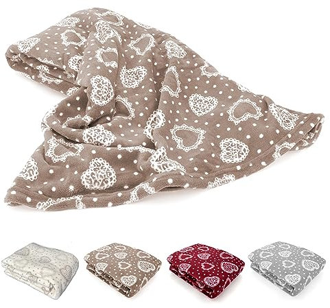 heimtexland Kuscheldecke XL 150x200 cm Country Chic mit Herzen in Taupe super weich fusselfrei Landhaus Wohndecke Ökotex Typ283