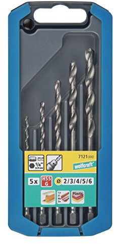wolfcraft Juego de brocas para metal de HSS rectificadas, vástago hexagonal, Ø 2–6 mm, 5 piezas I 7121000 I Para taladrar materiales duros