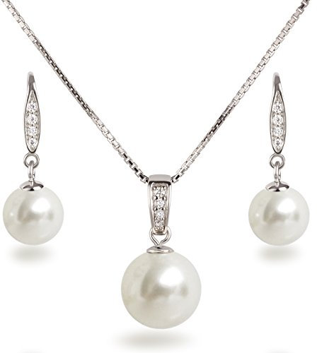Schöner SD Schmuckset Perlen weiß Anhänger Kette Ohrhänger Zirkonia 925 Silber