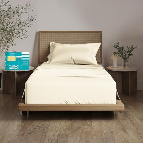 THREAD SPREAD 100% Egyptian Cotton Sheets Twin Size Bed Set - 3 PC 800 High Thread Count Egyptian Cotton Twin Sheet Set (Ivory) Soft, Cooling, 16 Deep Pocket Sateen Weave Luxury Hotel Bedsheet