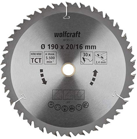 wolfcraft 6735000 1 Lame de Scie Circulaire Ø 190 Mm, Ct, Alésage 20/16 Mm, 30 Dents, Surface Poncée, Denture Sablée Et Alternée argent