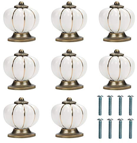 Kurtzy Bouton Ceramique Meuble Blanc et Or avec Vis en Forme de Citrouille (Lot de 8) - 3,6 x 3,9 cm - Bouton de Meuble Rond Vintage - Pour Maison, Bureau, Armoire de Cuisine, Tiroirs et Placard