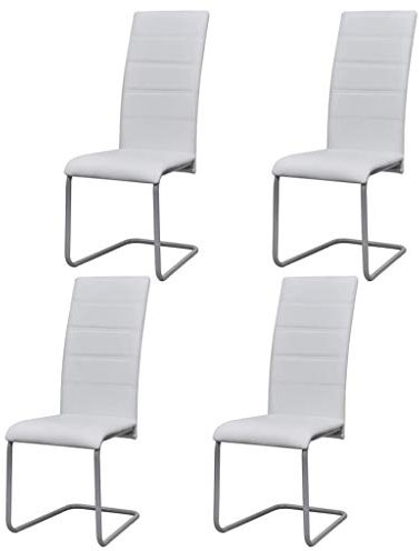 vidaXL 4X Sillas de Comedor de Tipo Voladizas Asientos de Salón Estilo Cantilever Muebles de Casa Hogar Sillón de Cuero Artificial y Acero Blanco