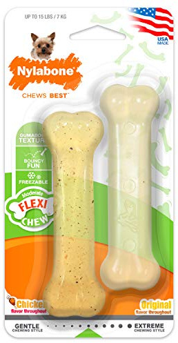 Nylabone Jouet à mâcher moyen, lot de 2, en forme d’os, arômes bœuf et poulet, pour les tout petits chiens (jusqu’à 7kg), mâchouilleurs modérés/paisibles