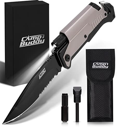 Camp Buddy 5-in-1 Survival Klappmesser mit Feuerstahl & LED - Rettungsmesser für Notfall & Outdoor - Taschenmesser mit Gurtschneider & Glasbrecher