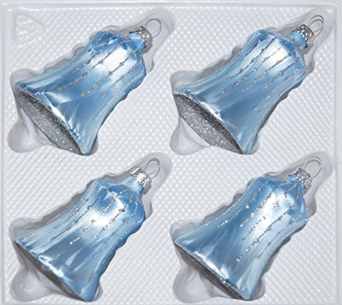 4 TLG. Glas-Glocken Set in Ice Blau Silber Regen - Christbaumkugeln - Weihnachtsschmuck-Christbaumschmuck
