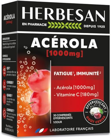 HERBESAN®- ACÉROLA 1000 - Vitalité - Goût cerise - Haute concentration en Vitamine C-Réduction de la fatigue- 30 comprimés effervescents