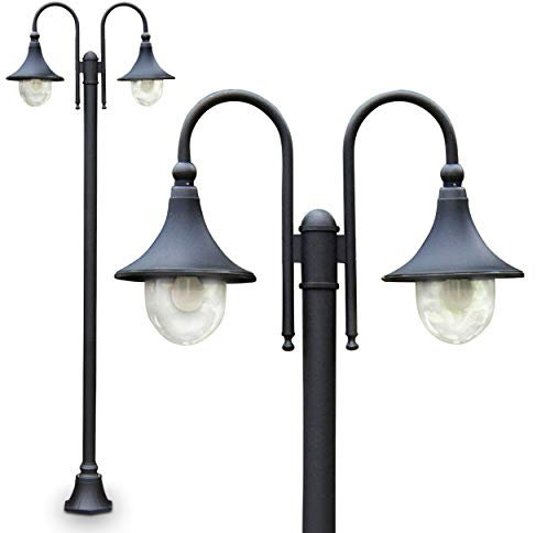 Lampada da esterno Elgin, candelabro in stile antico, metallo in nero opaco, lampada da sentiero a 2 bracci da 225 cm, lampada da giardino retro/vintage, attacco E27, IP44, senza lampadina/e