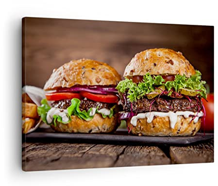 Bilder auf Leinwand Amerikaner Hamburger Essen Barbecue Leinwandbild 70x50cm Wandbilder Dekoration Wohnzimmer Schlafzimmer Deko Klein Wanddeko Bild Wand Kunstdruck Art Wall Decor Canvas AA70x50-2869