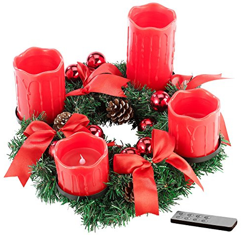 Britesta Adventsdeko-Kerzen-Kranz: Adventskranz mit roten LED-Kerzen, rot geschmückt (Adventskränze ohne Echte, Adventsschmuck, Winter)