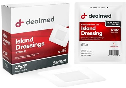 Dealmed Sterile Bordered Gauze Island Dressings – 25 Count, 4 x 4 Gauze Pads, Disposable, Latex-Free, Adhesive Borders with Non-Stick Pads, Wound Dressing for First Aid Kit and Medical Facilities