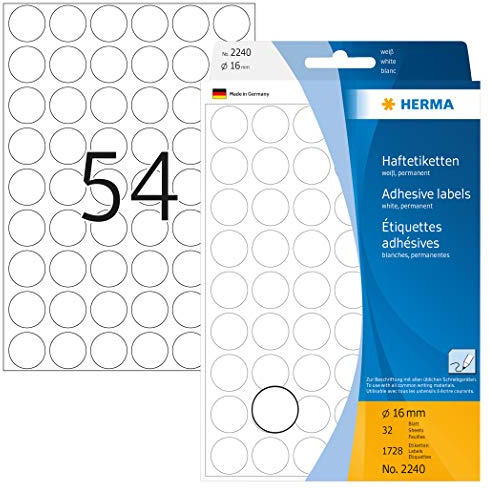 HERMA 2240 multifunktionsetiketter/runda färgade prickar (Ø 16 mm, 32 ark, papper, matt) självhäftande, permanenta märkningspunkter för handskriven märkning, 1 728 klistermärken, vit