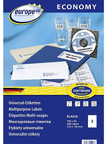 Europe100 Art. ELA026 Universal Etiketten (200 Klebeetiketten, 210x148,5mm auf A4, Papier matt, individuell bedruckbar, selbstklebende Versandaufkleber, kompatibel zu AVERY 3655) 100 Blatt, weiß