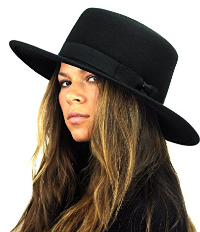 NYFASHION101 Wool Wide Brim Porkpie Fedora Hat w/Simple Band Accent - Black