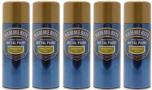5x Hammerite Smooth Gold Metal Spray Paint 400ml x5 Aerosol Tins