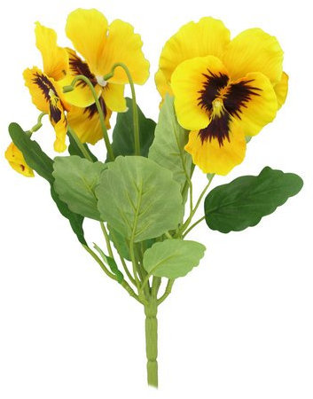 30cm Artificial Silk Yellow Pansy Flower Bush / Posy with Leaves - grave home spring flowers