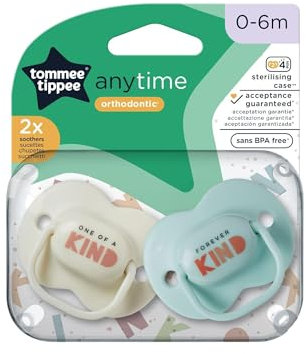 Tommee Tippee Anytime Dummies, Symmetrical Orthodontic Design, BPA-Free Silicone, 0-6m, Pack of 2, Colours May Vary
