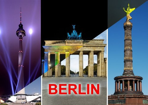 lentikular tarjeta de postal con cambio de/Motivo: Berlin de día y de noche – con Bran denburger portería, Fernsehturm de Berlín y Victoria Columna al Festival of Lights