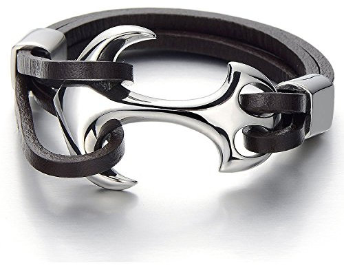 COOLSTEELANDBEYOND Rostfritt stål Marin Ankare Armband Armband Äkta Brun Läderarmband