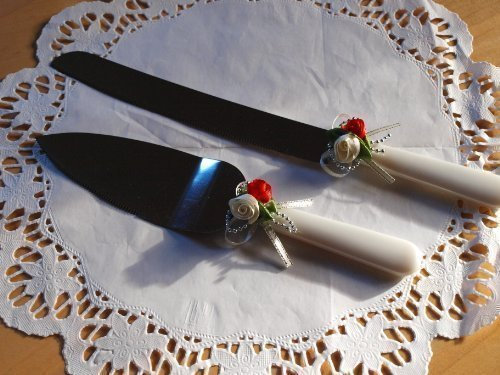 P&D Tortenbesteck mit Rosen in hell-rot + Creme, 30 + 25 cm für Hochzeit/Taufe/Jubiläum