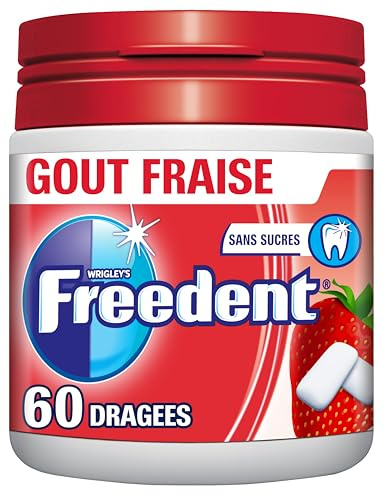 FREEDENT - Chewing-gum Fraise sans sucres Boîte de 60 dragées 84g | Chewing-gum sans sucre au goût fraise intense pour une haleine fraîche au bureau, en voiture et à tout moment