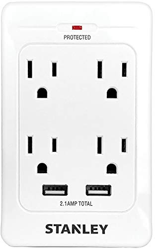 STANLEY SurgeQuad Surge Adapter 4 AC Outlets with 2 USB Ports 1080 Joules Surge Protection 2.1A USB Charging LED Indicator