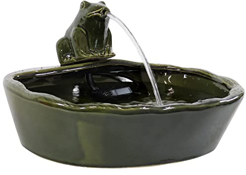 Sunnydaze Ceramic Solar-Powered Water Fountain - Green Glaze - Low-Voltage Submersible Pump with Filter - Frog