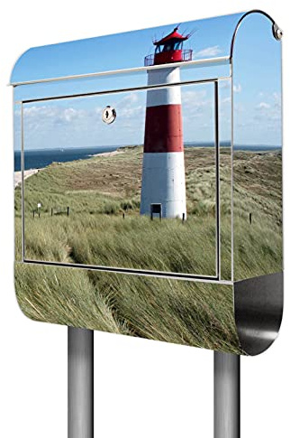 banjado® Standbriefkasten Edelstahl mit Zeitungsfach Motiv Leuchtturm/Briefkasten mit Standfuß/Edelstahl Briefkasten freistehend - A4 Einwurf inkl. 2 Schlüssel