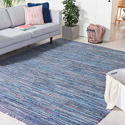 SAFAVIEH Rag Rug Collection Area Rug - 6' Square, Purple & Multi, Handmade Boho Stripe Cotton, Ideal for High Traffic Areas in Living Room, Bedroom (RAR121D)