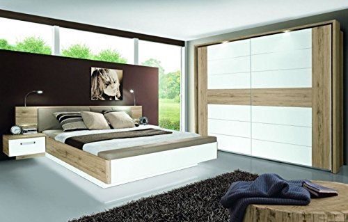 Forte RONDINO Bett + 2 Nachtkommoden mit 2 Türen und 2 Schubladen, Holzwerkstoff, Sandeiche/weiß Hochglanz, B x H x T: 285,3 x 87,7 x 237 cm
