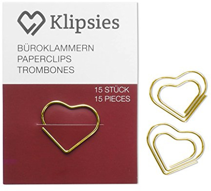 KLIPSIES Herz (Design wählbar) 15 Deko Büroklammern Motiv Heftklammern 1x15 Stück Gold