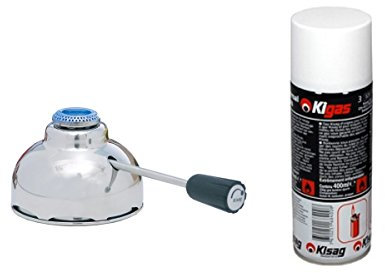 Sicherheits-Gasbrenner Kisag 1 KW für alle herkömmichen Fondue Rechaud Gestelle & Kigas 400ml Nachfüllflasche Ersatzgas
