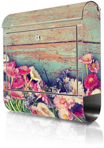 banjado Briefkasten Edelstahl 38x43x12cm & 2 Schlüssel - rostfreier Edelstahl Briefkasten mit Zeitungsfach - Postkasten A4 Einwurf inkl. Montagematerial - Motiv Blumenpfücken