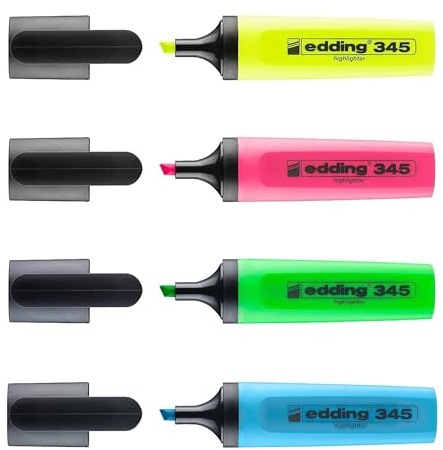 edding 345 Textmarker - 3+1 GRATIS: 4er Set - Strichbreite 2-5 mm - Zum Markieren, Hervorheben und Highlighten in Schule, Büro, Homeoffice