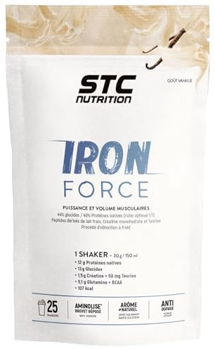 STC NUTRITION Iron Force, Protéine, Glutamine, Taurine, Vitamines, Prise de Masse, Construction Musculaire, Brevet Aminolise 100% Digeste, Sans Colorant, Gluten, Goût Vanille, 25 Shakers, 750 g