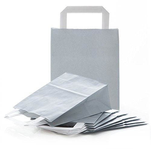Papier-Tragetaschen mit Henkel, 100 Stück: Papiertüten Groß, Papiertasche Groß, Papiertüte zum Basteln, Geschenktüte Lebensmittel zum Befüllen, Papiertaschen, Papierbeutel Grau Silber, 18 x 8 x 22 cm