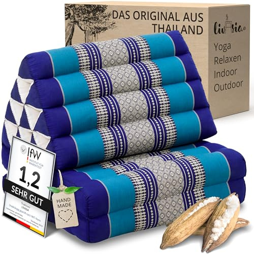 livasia Thaikissen mit 2 Auflagen - 120x50x8cm - Dreieckskissen mit Sitzkissen, Keilkissen mit Kapok, Rückenkissen faltbar, Thaimatte zum Klappen, handgefertigt, Meditationskissen (Blau)